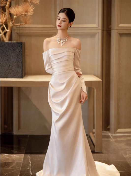 Timeless Long Sleeves Natural Pleats Evening Dress Off-Shoulder Satin Fabric Prom Dress AP0887