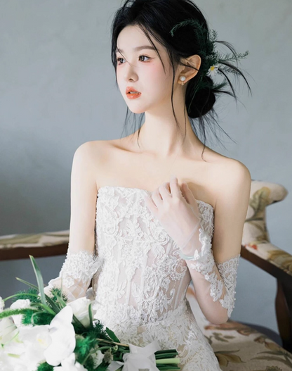 French-Inspired Flowing Textured Tulle Engagement Dress Strapless Sheer Mesh Layered Wedding Dress AP0889