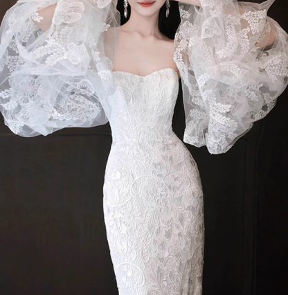 Gorgeous Textured Floral Lace Puff Sleeve Off-Shoulder Mermaid Wedding Dress AP0890