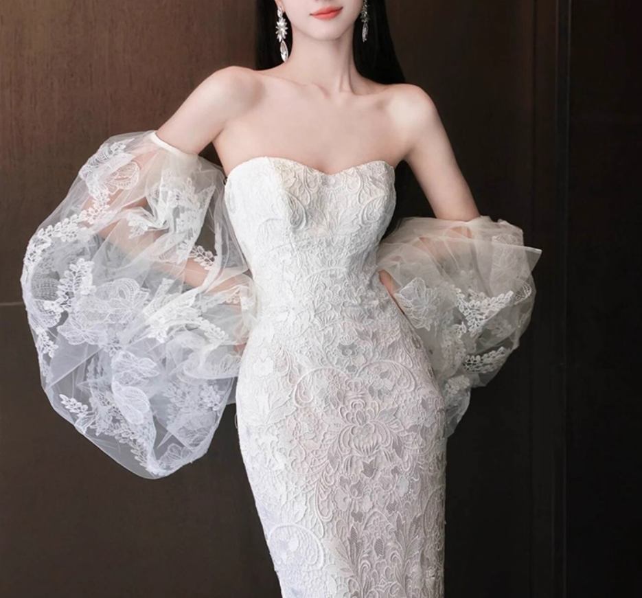 Gorgeous Textured Floral Lace Puff Sleeve Off-Shoulder Mermaid Wedding Dress AP0890