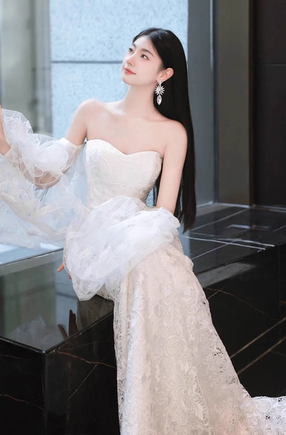 Gorgeous Textured Floral Lace Puff Sleeve Off-Shoulder Mermaid Wedding Dress AP0890