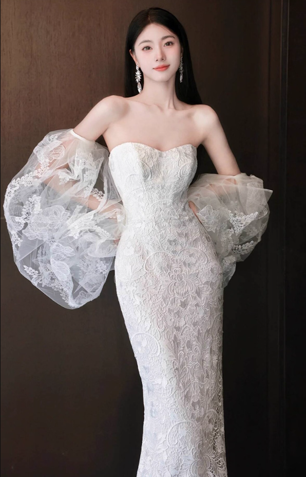 Gorgeous Textured Floral Lace Puff Sleeve Off-Shoulder Mermaid Wedding Dress AP0890