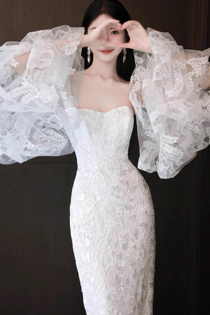 Gorgeous Textured Floral Lace Puff Sleeve Off-Shoulder Mermaid Wedding Dress AP0890