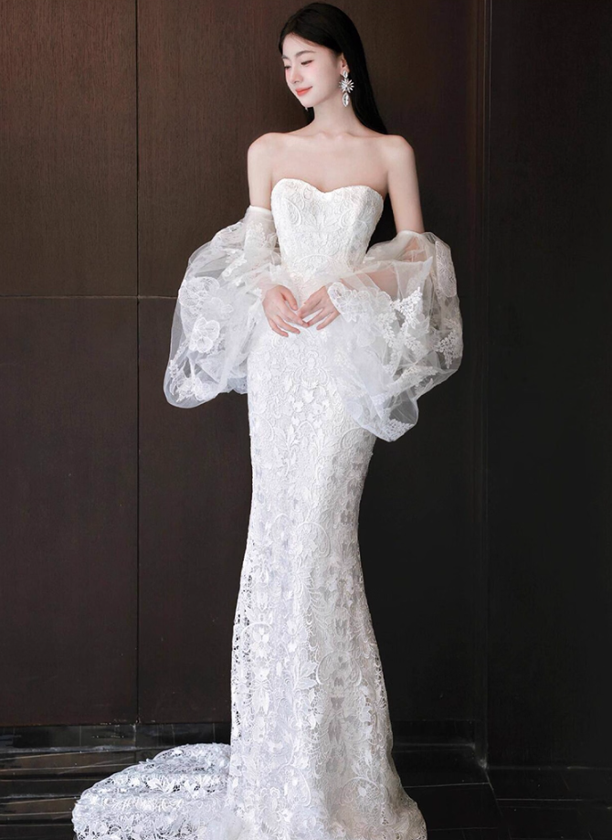 Gorgeous Textured Floral Lace Puff Sleeve Off-Shoulder Mermaid Wedding Dress AP0890