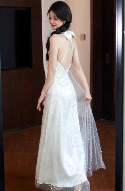 Charming Beaded Sheer Tulle Feast Ceremonies Dress Tulle Overlay Backless Halter Prom Dress AP0891