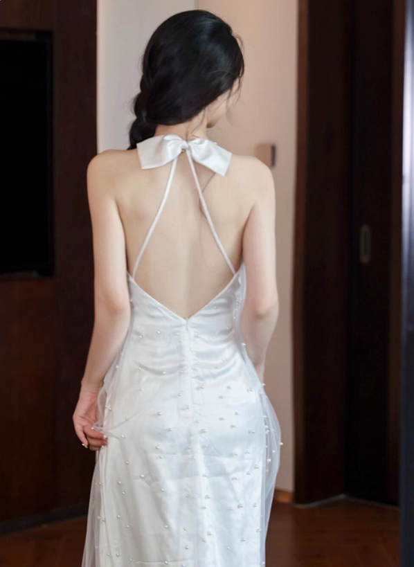 Charming Beaded Sheer Tulle Feast Ceremonies Dress Tulle Overlay Backless Halter Prom Dress AP0891