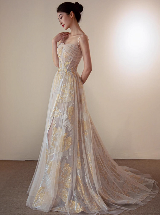 Exquisite Gold-Embroidered Feast Party Dress Chic Beading Spaghetti Strap Tulle Overlay Prom Dress AP0892