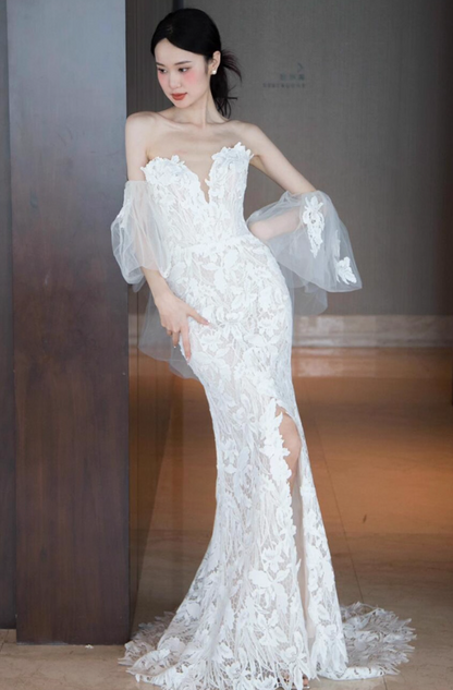 Fabulous Textured Floral Lace Puff Stole Mermaid Dress Strapless High-Slit Wedding Dress AP0893