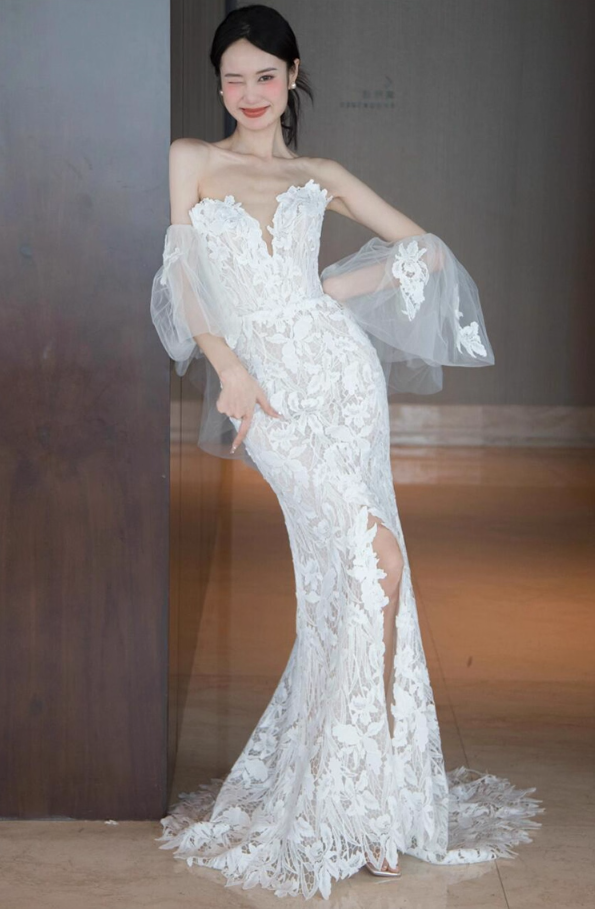 Fabulous Textured Floral Lace Puff Stole Mermaid Dress Strapless High-Slit Wedding Dress AP0893