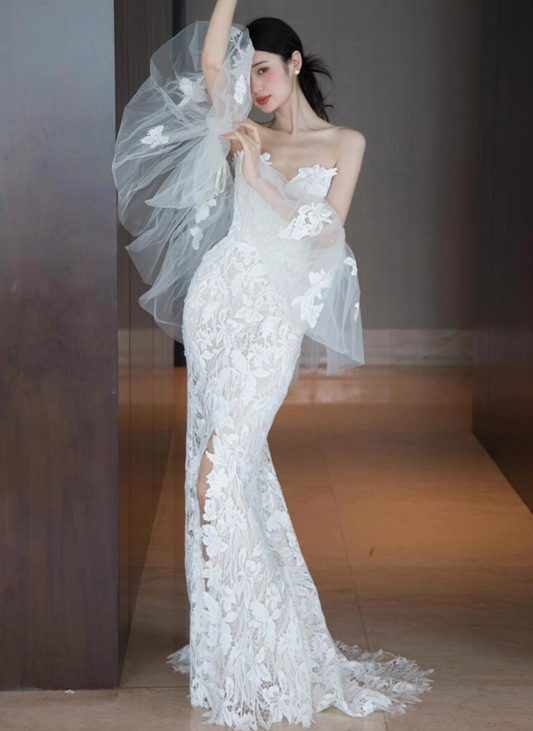 Fabulous Textured Floral Lace Puff Stole Mermaid Dress Strapless High-Slit Wedding Dress AP0893