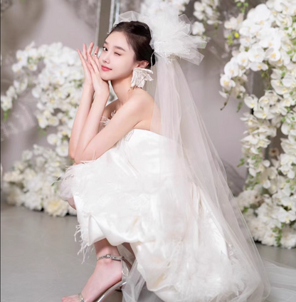Charming Feather Accent White Satin Fabric Mini Ball Gown Strapless Cloud Bubble Homecoming Dress AP0894