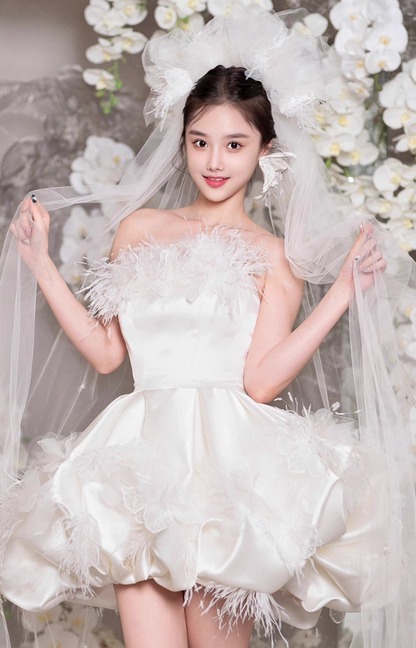 Charming Feather Accent White Satin Fabric Mini Ball Gown Strapless Cloud Bubble Homecoming Dress AP0894