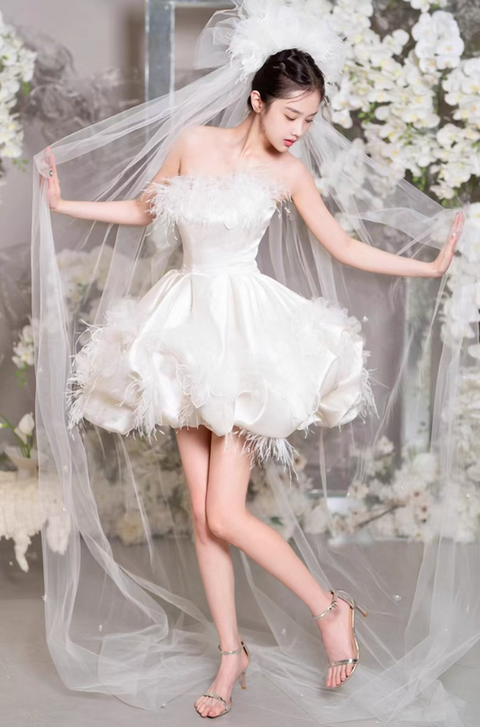 Charming Feather Accent White Satin Fabric Mini Ball Gown Strapless Cloud Bubble Homecoming Dress AP0894