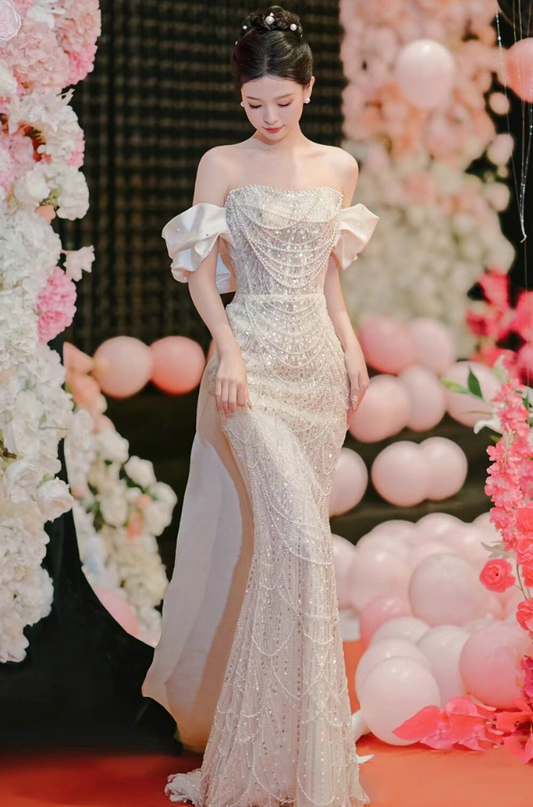 Chic Beading Puff Sleeve Mermaid Dress Strapless Glitter Sequin Wedding Dress AP0895