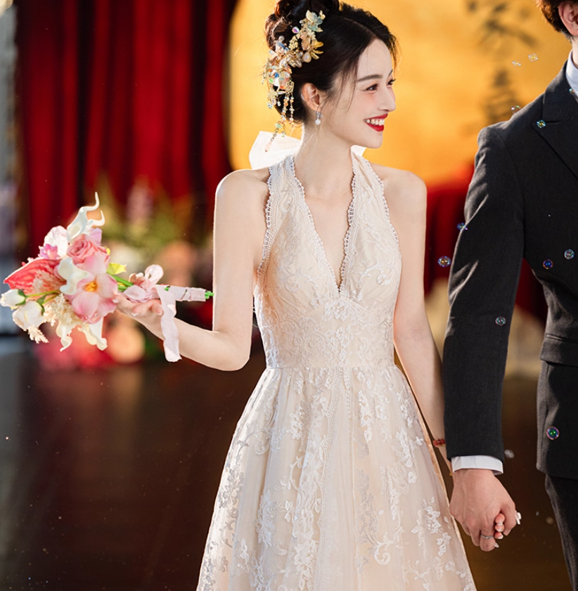 French-Inspired Tulle Layered Bridal Dress Sheer Lace Overlay Backless Halter Wedding Dress AP0897