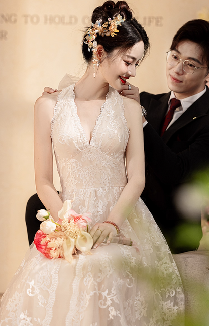 French-Inspired Tulle Layered Bridal Dress Sheer Lace Overlay Backless Halter Wedding Dress AP0897