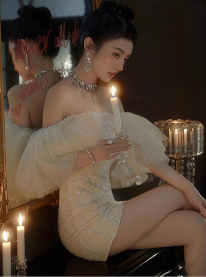 Dreamy Sparkle Layered Tulle Off-Shoulder Puff Sleeve Mini Dress Sequin Bodycon Homecoming Dress AP0898