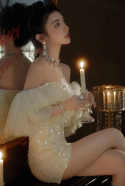 Dreamy Sparkle Layered Tulle Off-Shoulder Puff Sleeve Mini Dress Sequin Bodycon Homecoming Dress AP0898