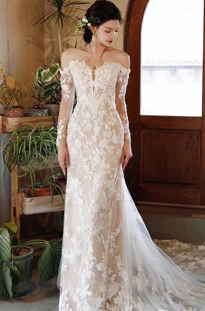 Ornate Textured Petal Sheer Lace Sleeve Maxi Dress Strapless Hollow-Out Prom Dress AP0900