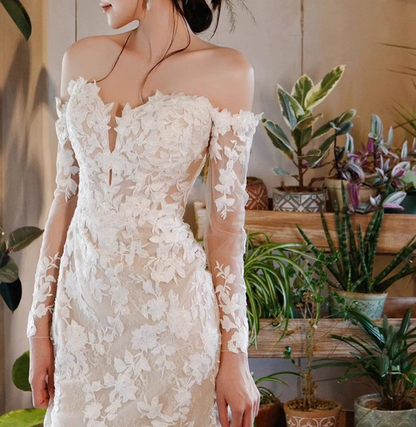 Ornate Textured Petal Sheer Lace Sleeve Maxi Dress Strapless Hollow-Out Prom Dress AP0900