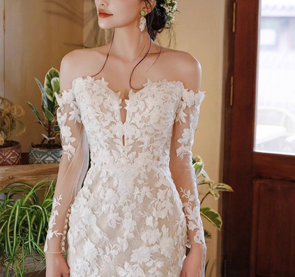 Ornate Textured Petal Sheer Lace Sleeve Maxi Dress Strapless Hollow-Out Prom Dress AP0900