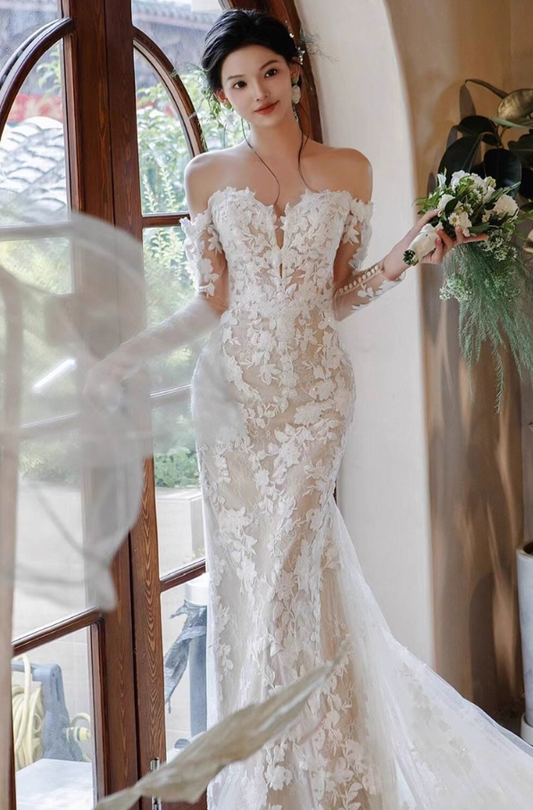 Ornate Textured Petal Sheer Lace Sleeve Maxi Dress Strapless Hollow-Out Prom Dress AP0900