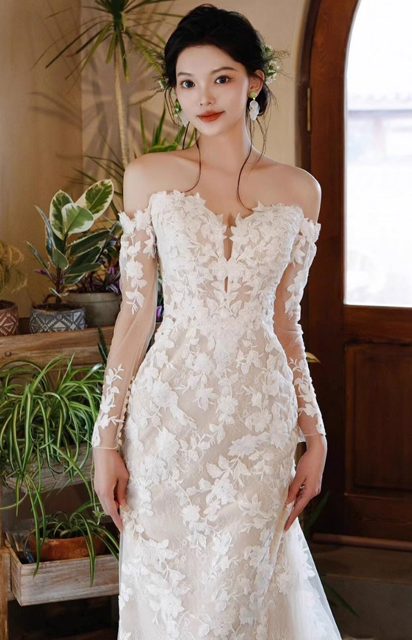 Ornate Textured Petal Sheer Lace Sleeve Maxi Dress Strapless Hollow-Out Prom Dress AP0900