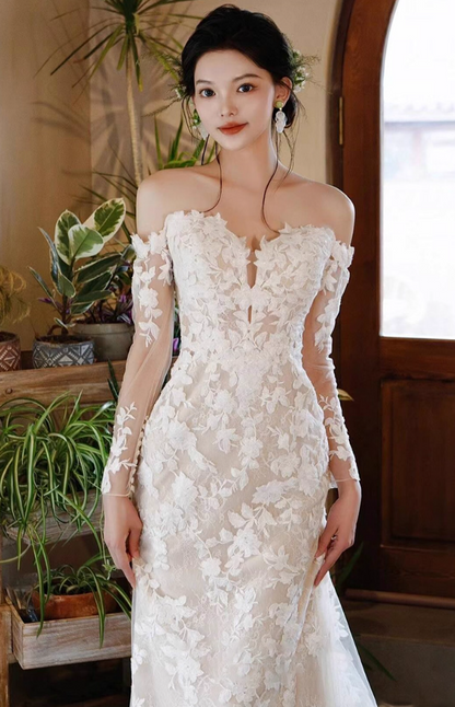 Ornate Textured Petal Sheer Lace Sleeve Maxi Dress Strapless Hollow-Out Prom Dress AP0900