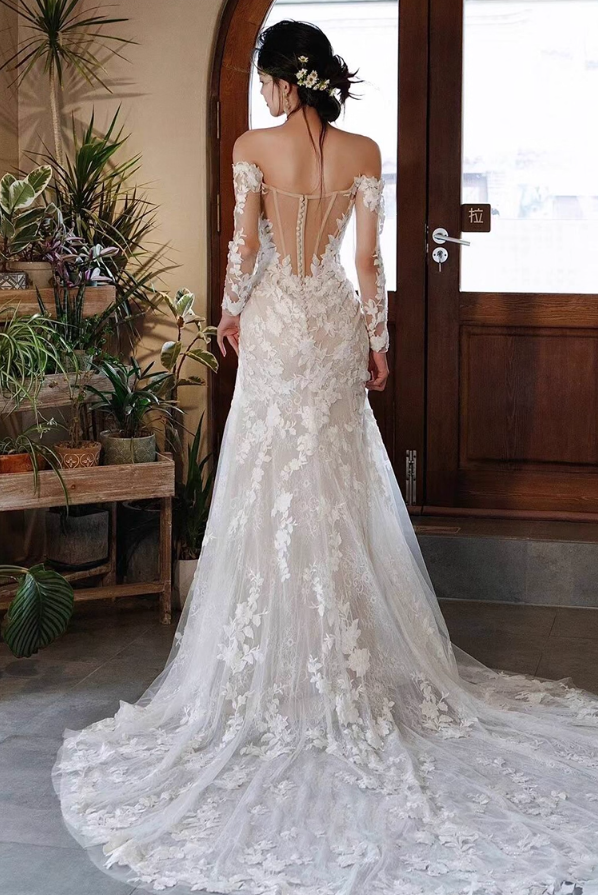 Ornate Textured Petal Sheer Lace Sleeve Maxi Dress Strapless Hollow-Out Prom Dress AP0900