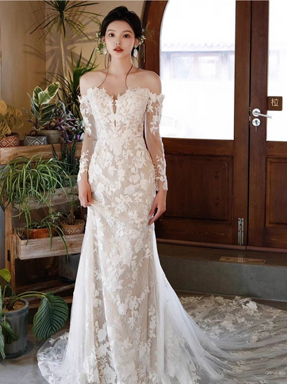 Ornate Textured Petal Sheer Lace Sleeve Maxi Dress Strapless Hollow-Out Prom Dress AP0900