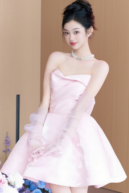 Timeless Lustrous Soft Fabric A-line Dress Strapless Mini Homecoming Short Dress AP0901