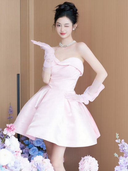 Timeless Lustrous Soft Fabric A-line Dress Strapless Mini Homecoming Short Dress AP0901
