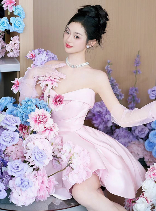 Timeless Lustrous Soft Fabric A-line Dress Strapless Mini Homecoming Short Dress AP0901