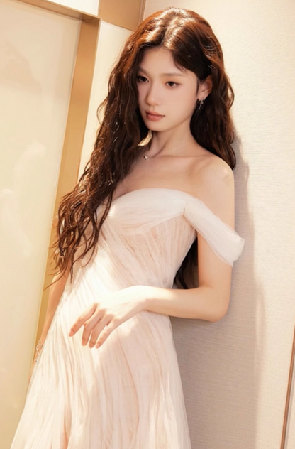 Gorgeous Ivory Tulle Layered Maxi Dress A-Line Off-Shoulder Wedding Dress AP0905