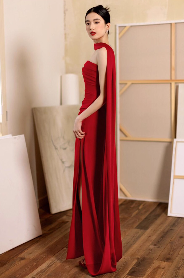 Sexy Red Backless High-Slit Bridal Maxi Dress With Stole Strapless Prom Dress AP0906