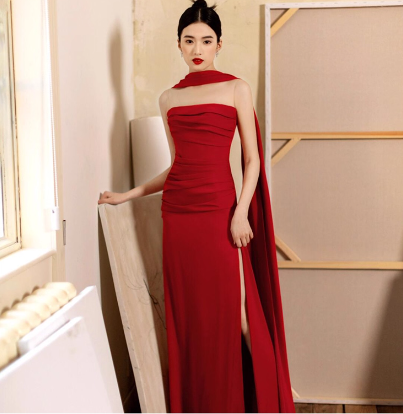 Sexy Red Backless High-Slit Bridal Maxi Dress With Stole Strapless Prom Dress AP0906