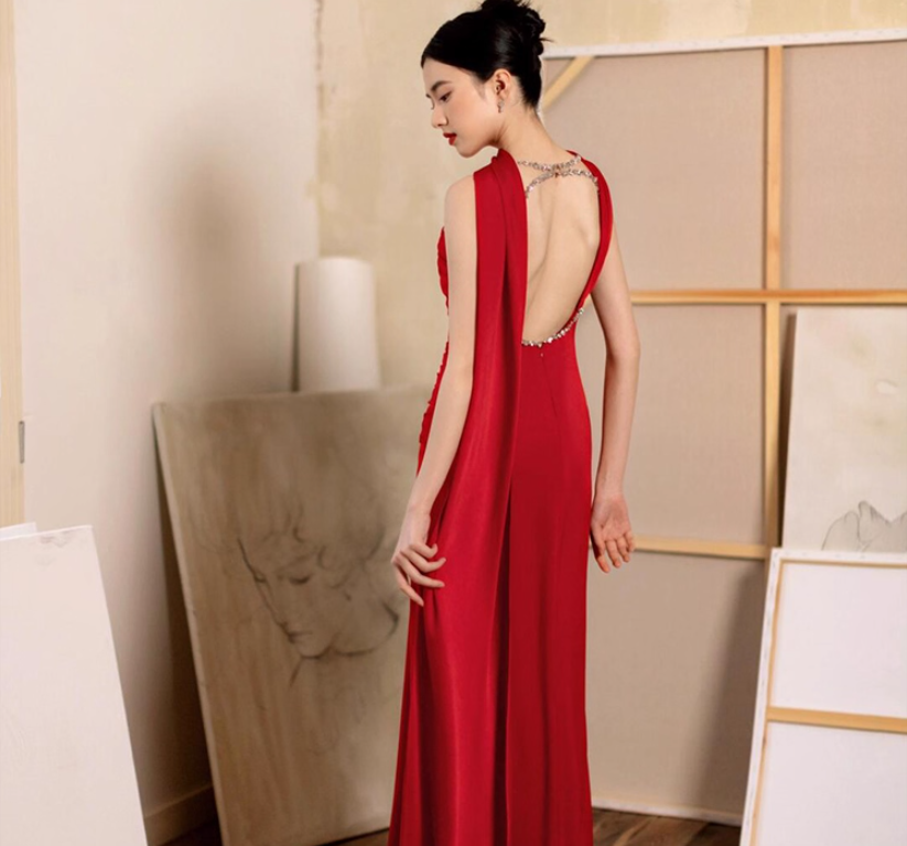 Sexy Red Backless High-Slit Bridal Maxi Dress With Stole Strapless Prom Dress AP0906