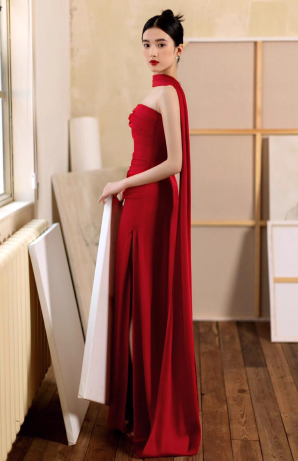 Sexy Red Backless High-Slit Bridal Maxi Dress With Stole Strapless Prom Dress AP0906