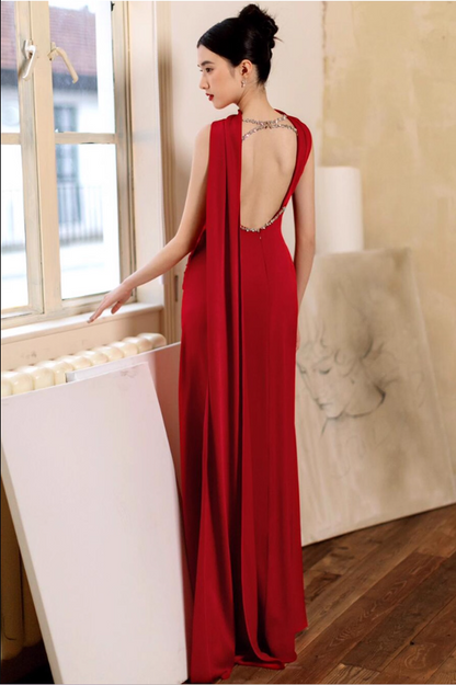 Sexy Red Backless High-Slit Bridal Maxi Dress With Stole Strapless Prom Dress AP0906