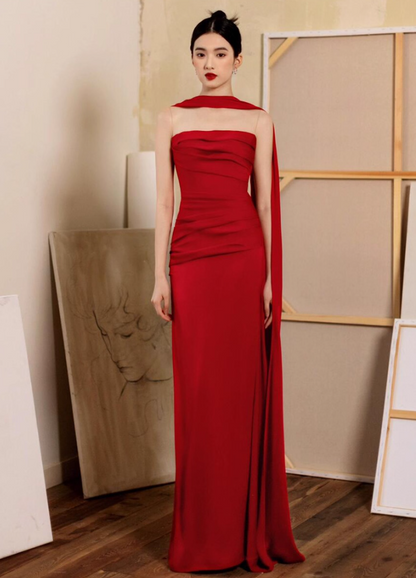 Sexy Red Backless High-Slit Bridal Maxi Dress With Stole Strapless Prom Dress AP0906