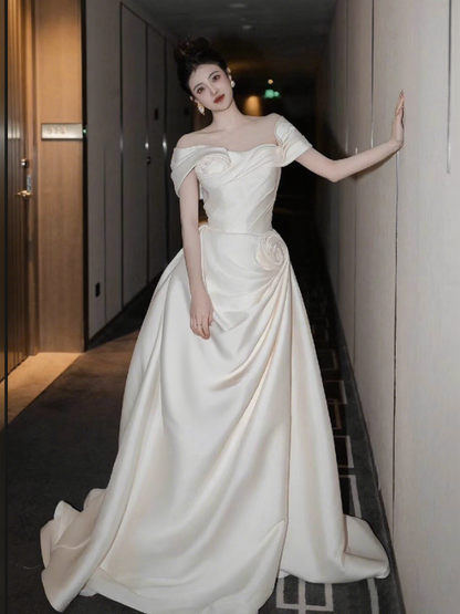 Charming Handmade Floral Detailing Evening Dress Off-Shoulder Natual Pleated Prom Dress AP0907