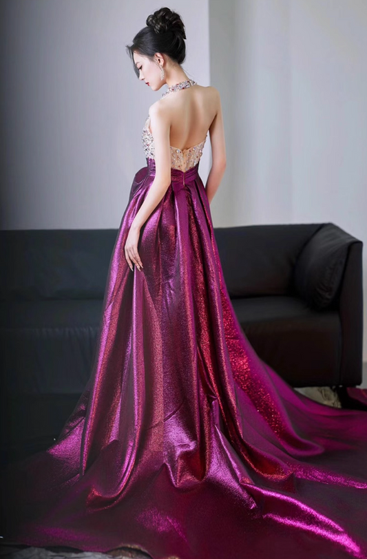Luxurious Sparkle Rhinestone V-Neck Maxi Dress High-Slit Satin Fabric Halter Prom Dress AP0908