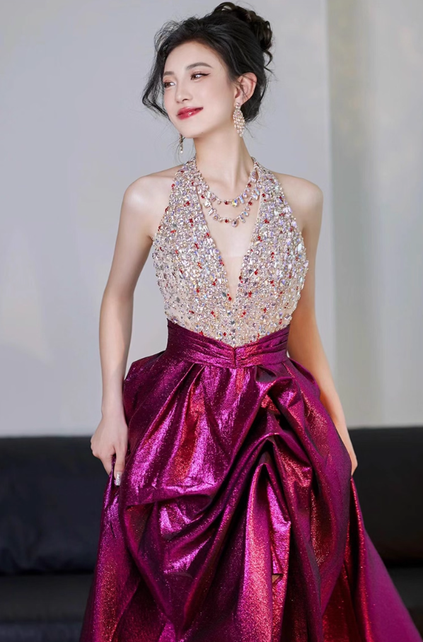 Luxurious Sparkle Rhinestone V-Neck Maxi Dress High-Slit Satin Fabric Halter Prom Dress AP0908