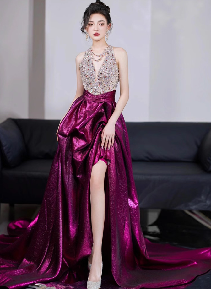 Luxurious Sparkle Rhinestone V-Neck Maxi Dress High-Slit Satin Fabric Halter Prom Dress AP0908