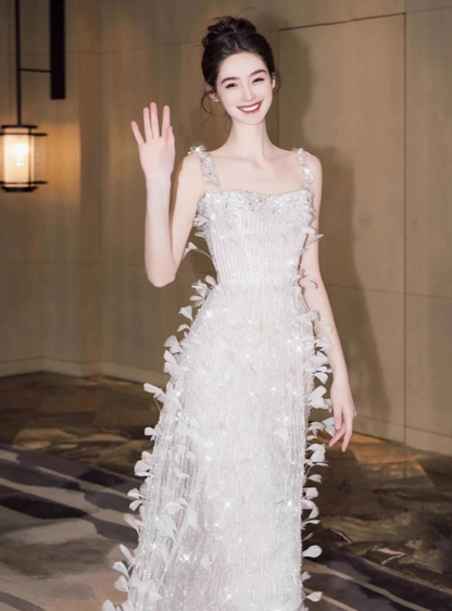 Vibrant Stereo Feather Glitter Fabric Feast Evening Dress Chic Beading Spaghetti Strap Prom Dress AP0909