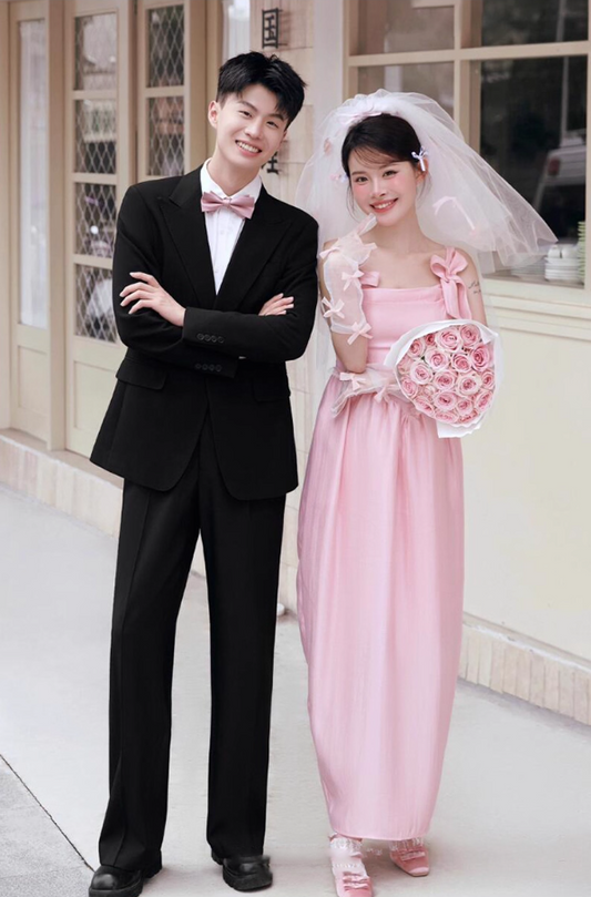 Sweet Pink Stereo Bow-Knot Cute Bridal Dress Square Neck Spaghetti Strap Wedding Dress AP0910