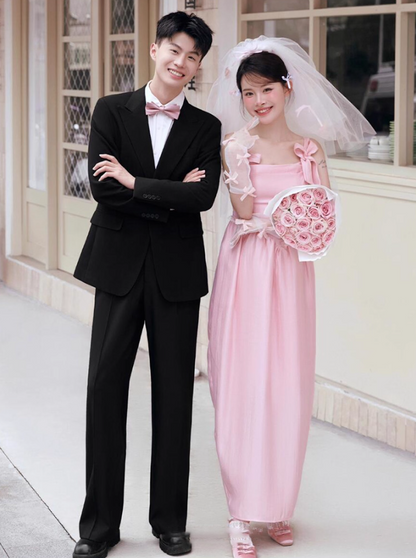 Sweet Pink Stereo Bow-Knot Cute Bridal Dress Square Neck Spaghetti Strap Wedding Dress AP0910