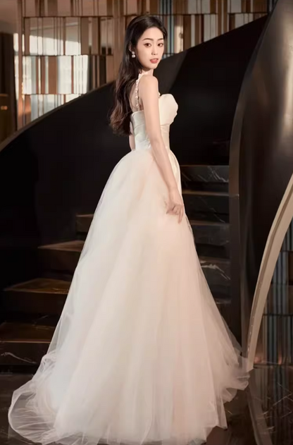 Fancy Ivory Satin Fabric Tulle Splicing Bridal Dress Square Neck Beaded Spaghetti Strap Wedding Dress AP0911