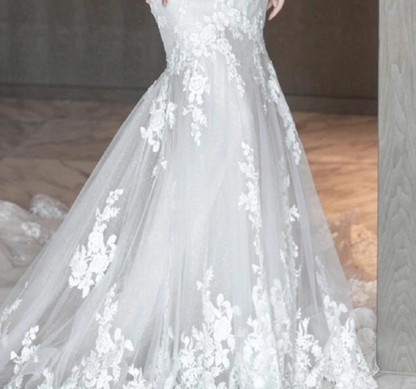 Gorgeous Textured Applique Lace Mermaid Dress With Train Sheer Lace Hollow Strapless Wedding Dress AP0912