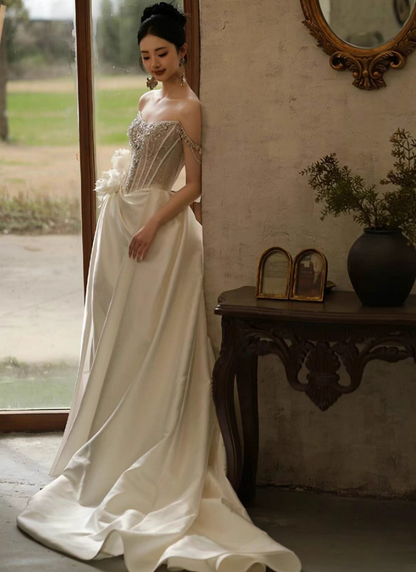 Fantastic Beading Satin Fabric High-Slit Maxi Dress Floral Off-Shoulder Strapless Wedding Dress AP0913